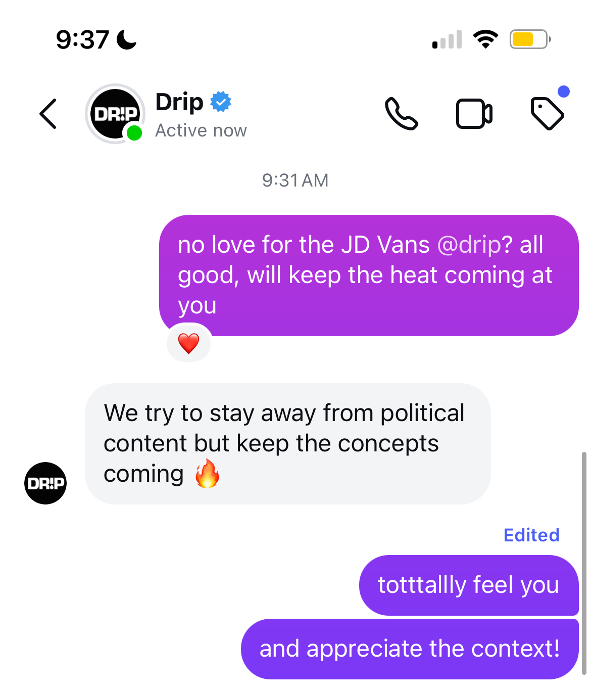 DM conversation with Drip — declined to repost JD Vans content due to political nature